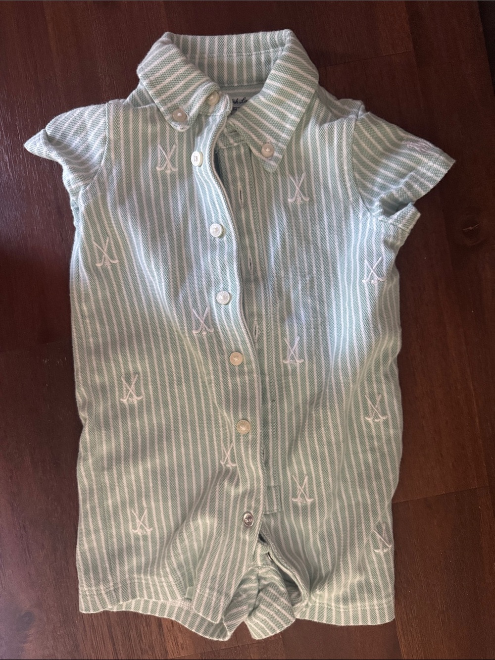 Ralph Lauren Mint & White Striped Button-Front Baby Romper with Golf Clubs